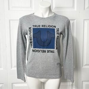 True Religion Gray Long Sleeve Thermal Knit Shirt Blue Square Logo, Size L 14-16